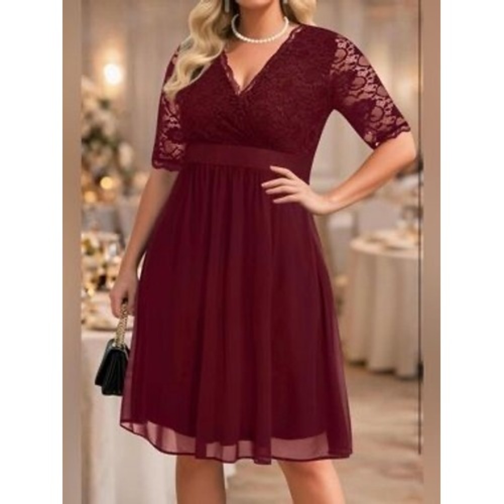 Pinup Fashion Burgundy Lace V-Neck‎ A-Line Cocktail Dress Size 22 Burgundy Red